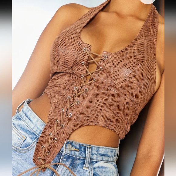 Chocolate snake faux suede dip hem lace up halterneck - Picture 2 of 8